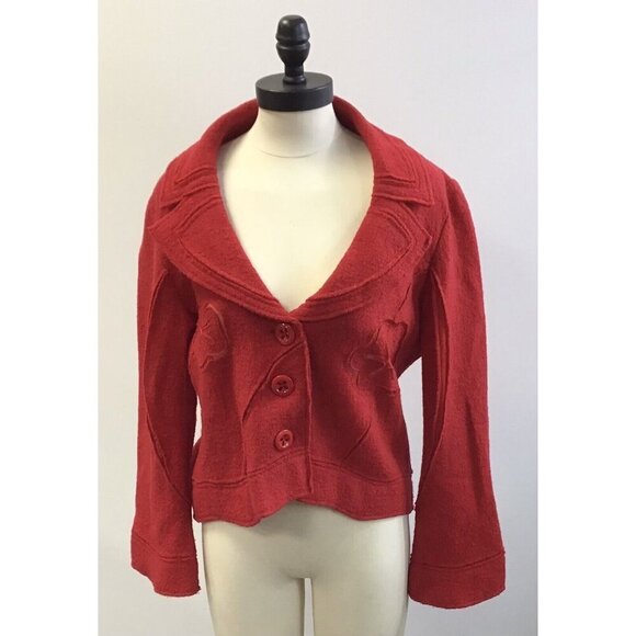 TRIBAL Women’s 100% Boiled Wool Red Short Jacket Cut Out Details Flowers Size12 - Picture 1 of 2